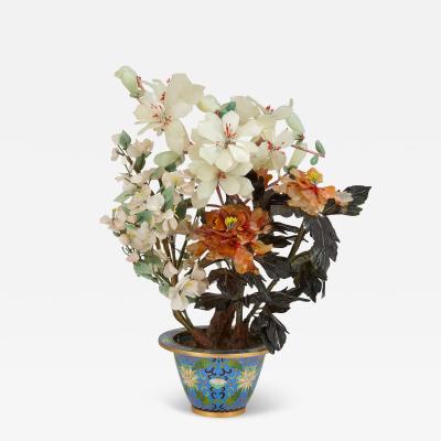 Large Chinese hardstone flower tree model in a cloisonn enamel pot