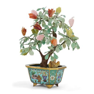Large Chinese hardstone model of a flower tree in a cloisonn enamel planter