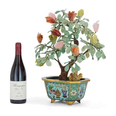 Large Chinese hardstone model of a flower tree in a cloisonn enamel planter