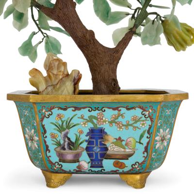 Large Chinese hardstone model of a flower tree in a cloisonn enamel planter