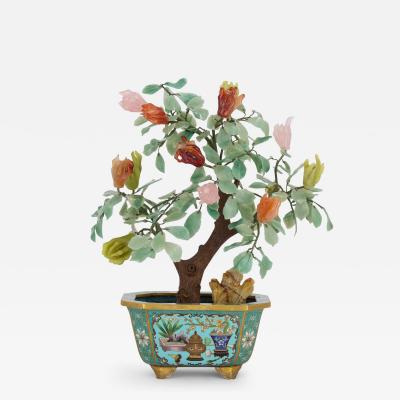 Large Chinese hardstone model of a flower tree in a cloisonn enamel planter