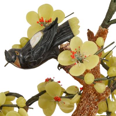 Large Chinese hardstone tree model with birds in a cloisonn enamel pot