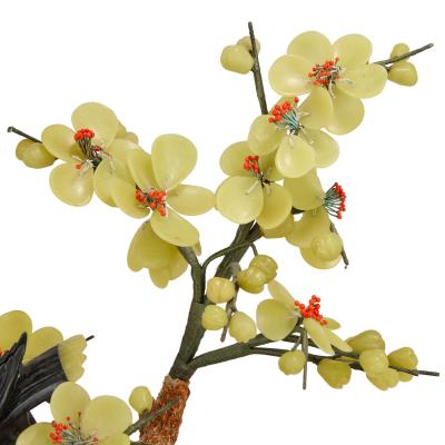 Large Chinese hardstone tree model with birds in a cloisonn enamel pot