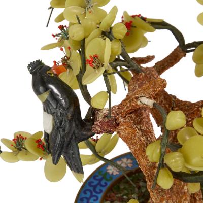 Large Chinese hardstone tree model with birds in a cloisonn enamel pot