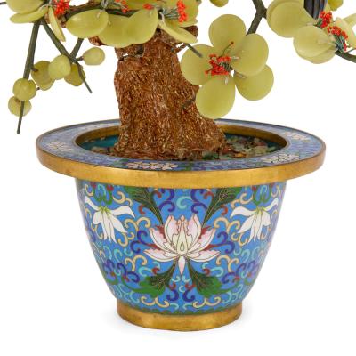 Large Chinese hardstone tree model with birds in a cloisonn enamel pot