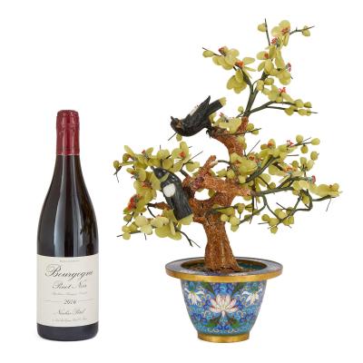Large Chinese hardstone tree model with birds in a cloisonn enamel pot
