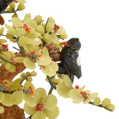 Large Chinese hardstone tree model with birds in a cloisonn enamel pot