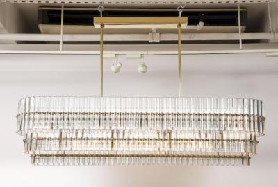 Large Clear Murano Glass Rods with Brass Frame Tiered Oval Chandelier Italy