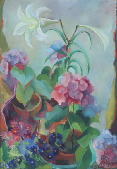 Large Colorful Mid 20th Century Oil Painting Still Life of Greenhouse Flowers