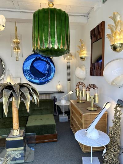 Large Contemporary Balloon Chandelier Brass and Green Murano Glass Italy