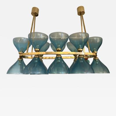 Large Contemporary Brass Chandelier Blue Murano Glass Cup Italy