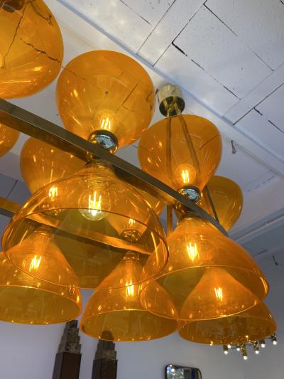 Large Contemporary Brass Chandelier Orange Murano Glass Cup Italy