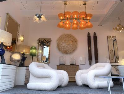 Large Contemporary Brass Chandelier Orange Murano Glass Cup Italy