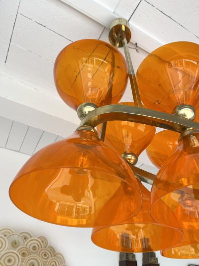 Large Contemporary Brass Chandelier Orange Murano Glass Cup Italy