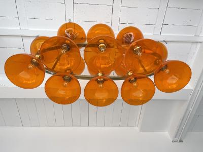 Large Contemporary Brass Chandelier Orange Murano Glass Cup Italy