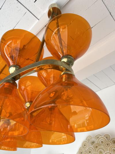 Large Contemporary Brass Chandelier Orange Murano Glass Cup Italy