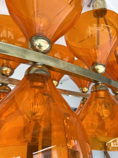 Large Contemporary Brass Chandelier Orange Murano Glass Cup Italy
