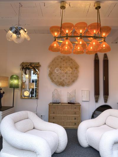 Large Contemporary Brass Chandelier Orange Murano Glass Cup Italy