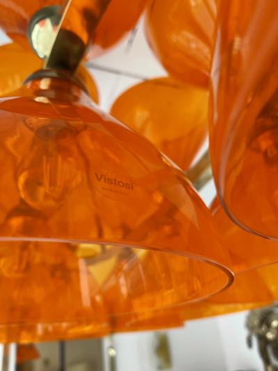 Large Contemporary Brass Chandelier Orange Murano Glass Cup Italy
