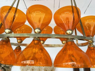 Large Contemporary Brass Chandelier Orange Murano Glass Cup Italy