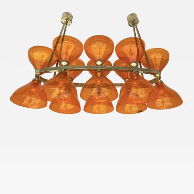 Large Contemporary Brass Chandelier Orange Murano Glass Cup Italy