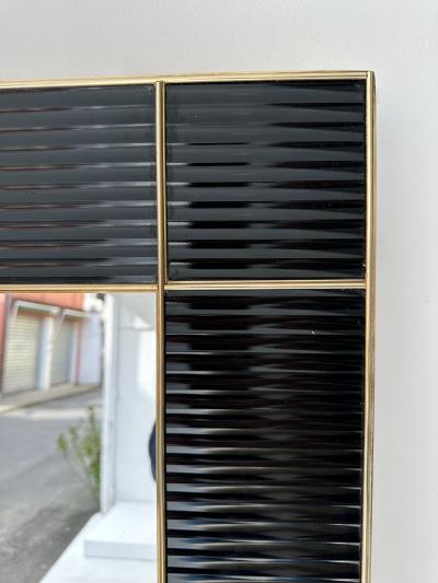 Large Contemporary Brass and Black Fluted Murano Glass Mirror Italy