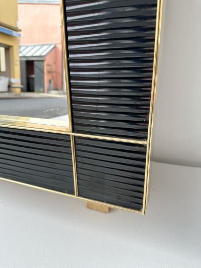 Large Contemporary Brass and Black Fluted Murano Glass Mirror Italy