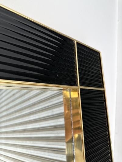 Large Contemporary Brass and Black Fluted Murano Glass Mirror Italy