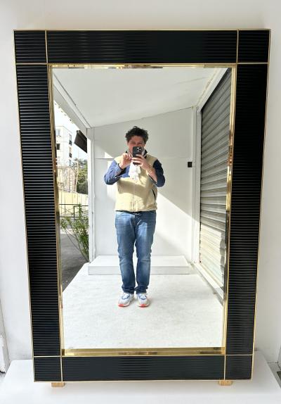 Large Contemporary Brass and Black Fluted Murano Glass Mirror Italy