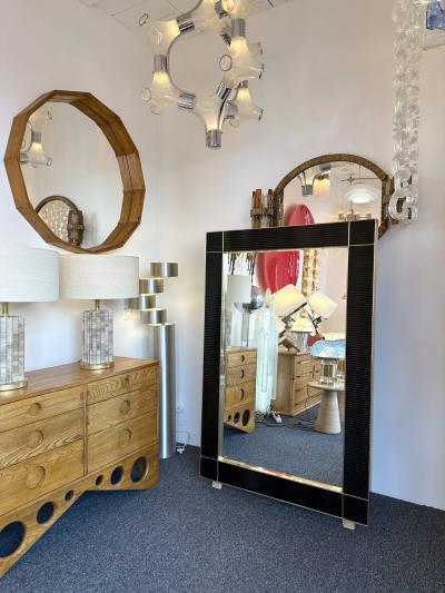 Large Contemporary Brass and Black Fluted Murano Glass Mirror Italy