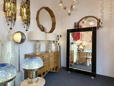 Large Contemporary Brass and Black Fluted Murano Glass Mirror Italy
