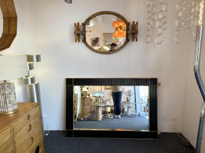 Large Contemporary Brass and Black Fluted Murano Glass Mirror Italy