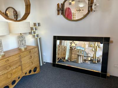 Large Contemporary Brass and Black Fluted Murano Glass Mirror Italy