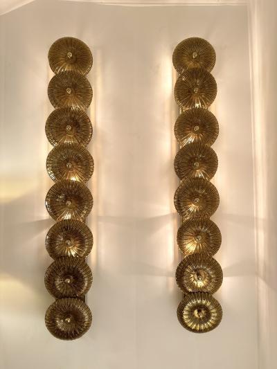 Large Contemporary Pair of Brass Gold Leaf Murano Glass Sconces Italy