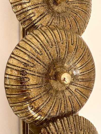 Large Contemporary Pair of Brass Gold Leaf Murano Glass Sconces Italy