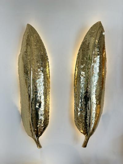 Large Contemporary Pair of Brass Palm Sconces Italy