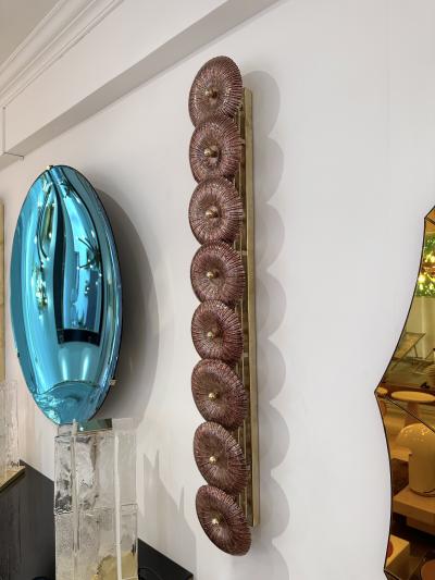 Large Contemporary Pair of Brass Pink Gold Leaf Murano Glass Sconces Italy