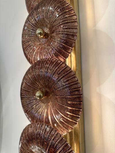 Large Contemporary Pair of Brass Pink Gold Leaf Murano Glass Sconces Italy