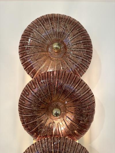 Large Contemporary Pair of Brass Pink Gold Leaf Murano Glass Sconces Italy