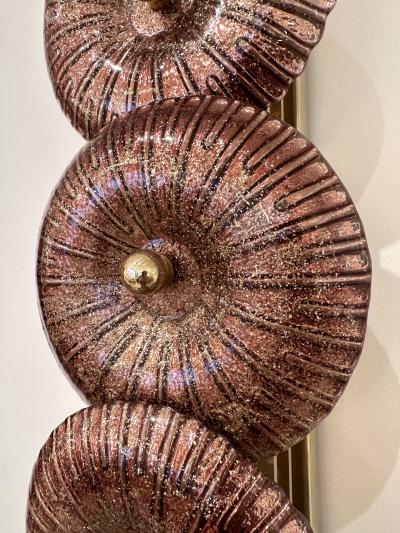 Large Contemporary Pair of Brass Pink Gold Leaf Murano Glass Sconces Italy