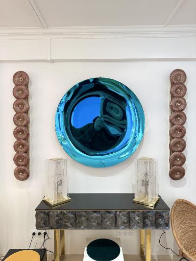 Large Contemporary Pair of Brass Pink Gold Leaf Murano Glass Sconces Italy