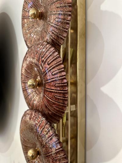 Large Contemporary Pair of Brass Pink Gold Leaf Murano Glass Sconces Italy