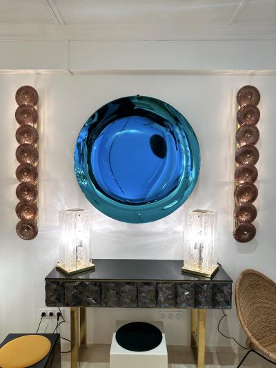 Large Contemporary Pair of Brass Pink Gold Leaf Murano Glass Sconces Italy