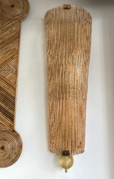 Large Contemporary Pair of Brass Salmon Gold Leaf Murano Glass Sconces Italy