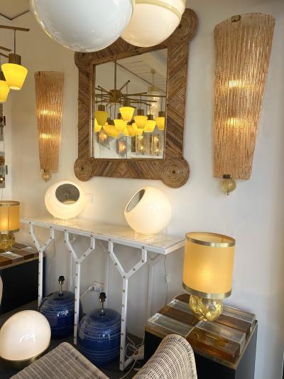 Large Contemporary Pair of Brass Salmon Gold Leaf Murano Glass Sconces Italy