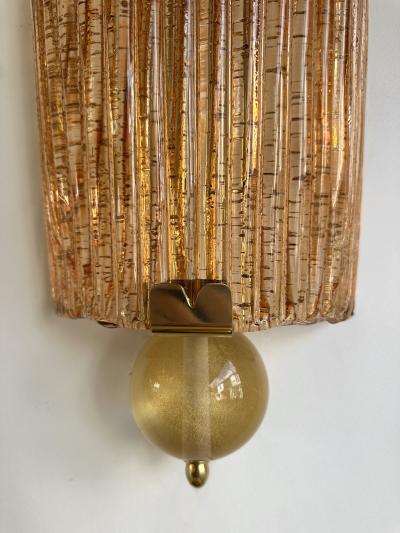 Large Contemporary Pair of Brass Salmon Gold Leaf Murano Glass Sconces Italy