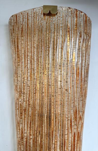 Large Contemporary Pair of Brass Salmon Gold Leaf Murano Glass Sconces Italy
