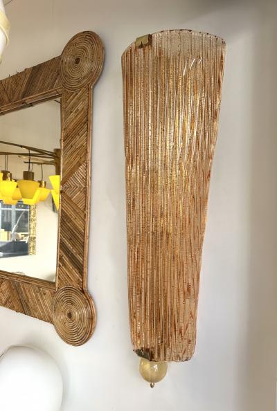 Large Contemporary Pair of Brass Salmon Gold Leaf Murano Glass Sconces Italy