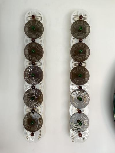 Large Contemporary Pair of Brass and Circle Disc Murano Glass Sconces Italy