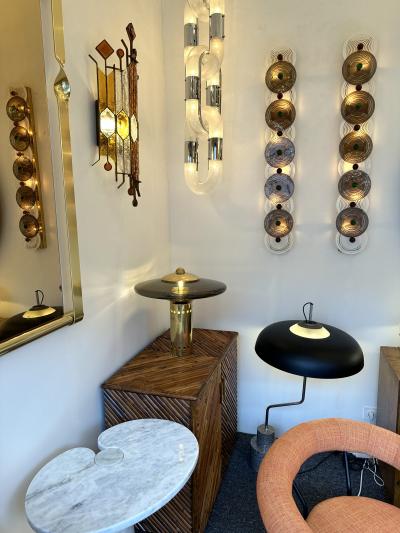 Large Contemporary Pair of Brass and Circle Disc Murano Glass Sconces Italy